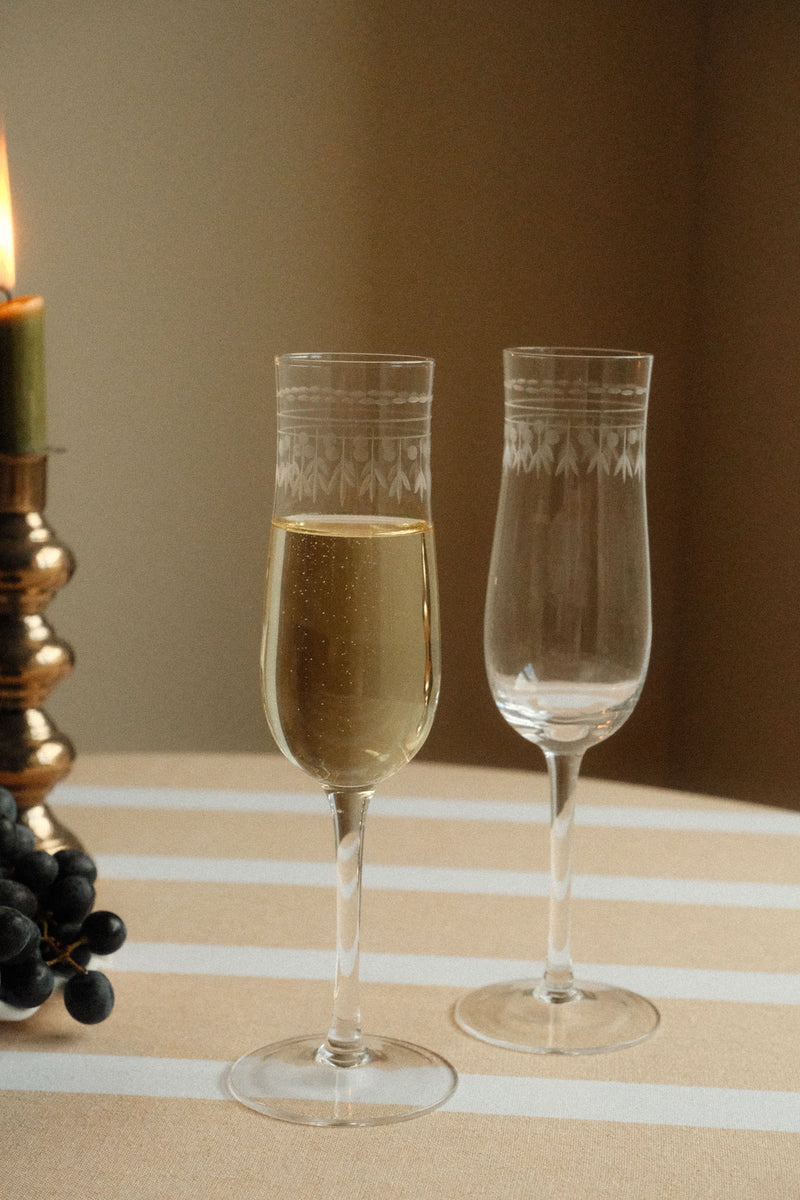 Set of Two Vintage Etched Champagne Glasses - Clear