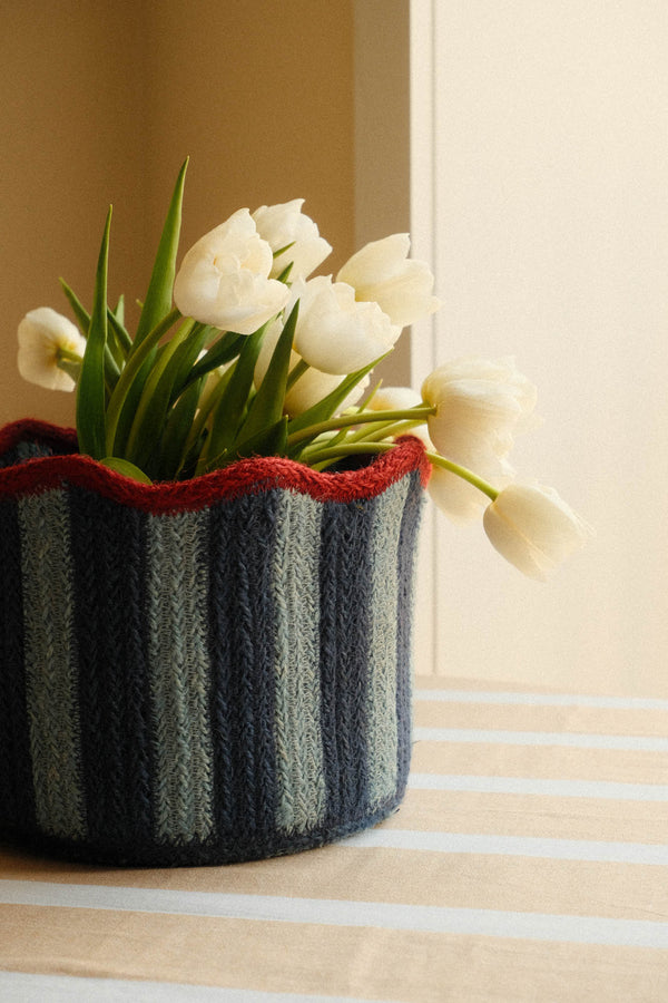 Scalloped Braided Striped Jute Basket - Navy, Blue and Red