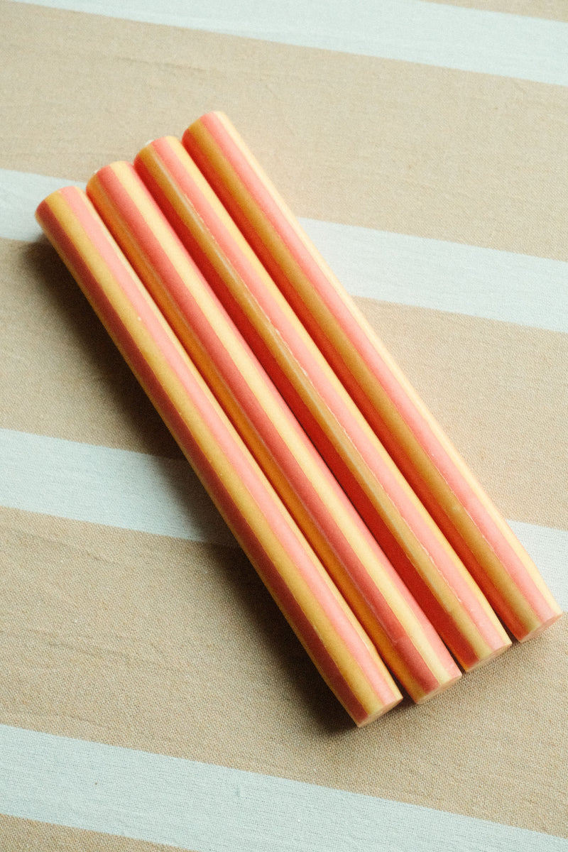 Set of Four Stripe Dinner Candles - Mellow Yellow and Rust