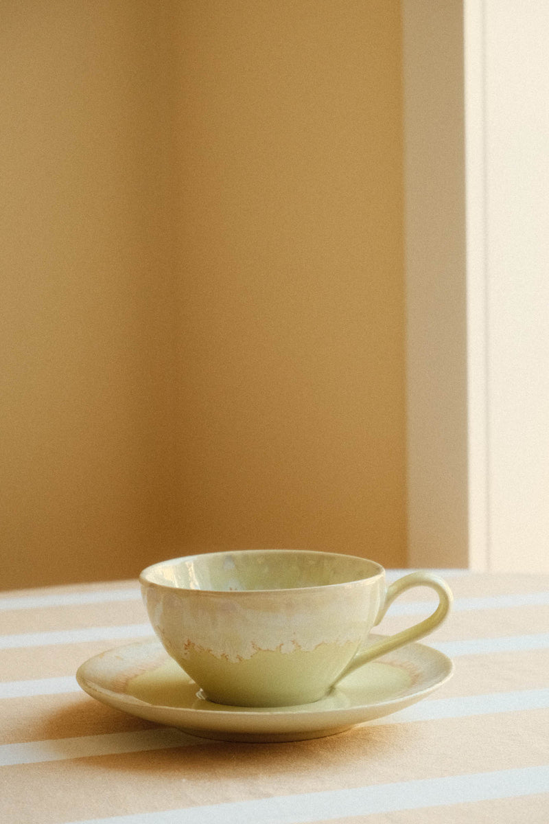 Yellow Drip Glaze Ceramic Teacup and Saucer