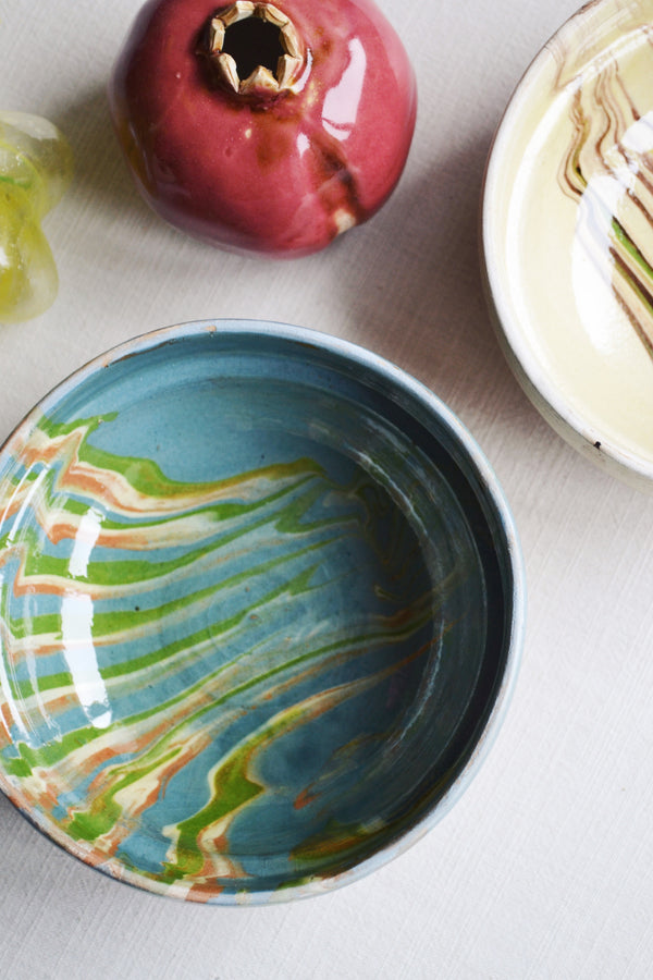 Hand - Painted Marble Earthenware Bowl - Blue