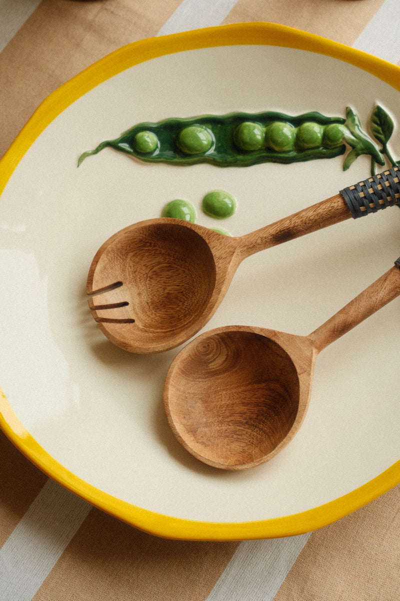 Wooden Serving Set with Blue Cane