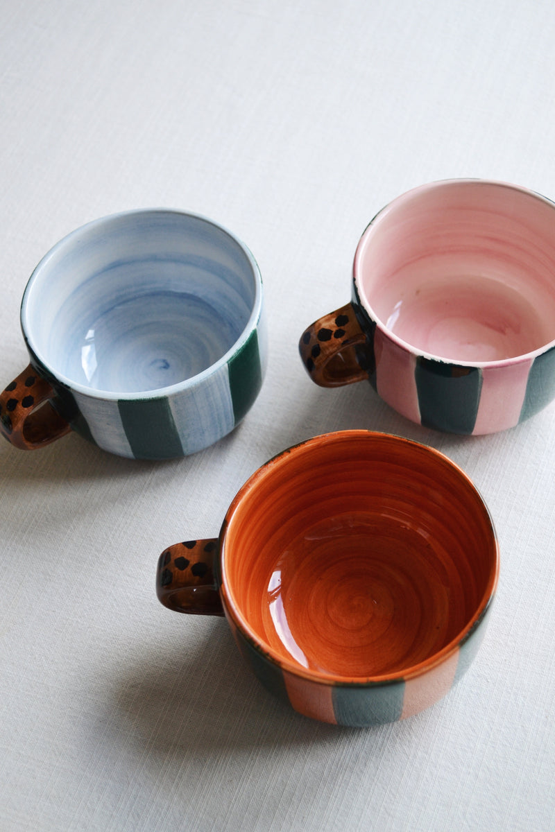 Striped Cappuccino Mug with Leopard Handle - Three Colours Available