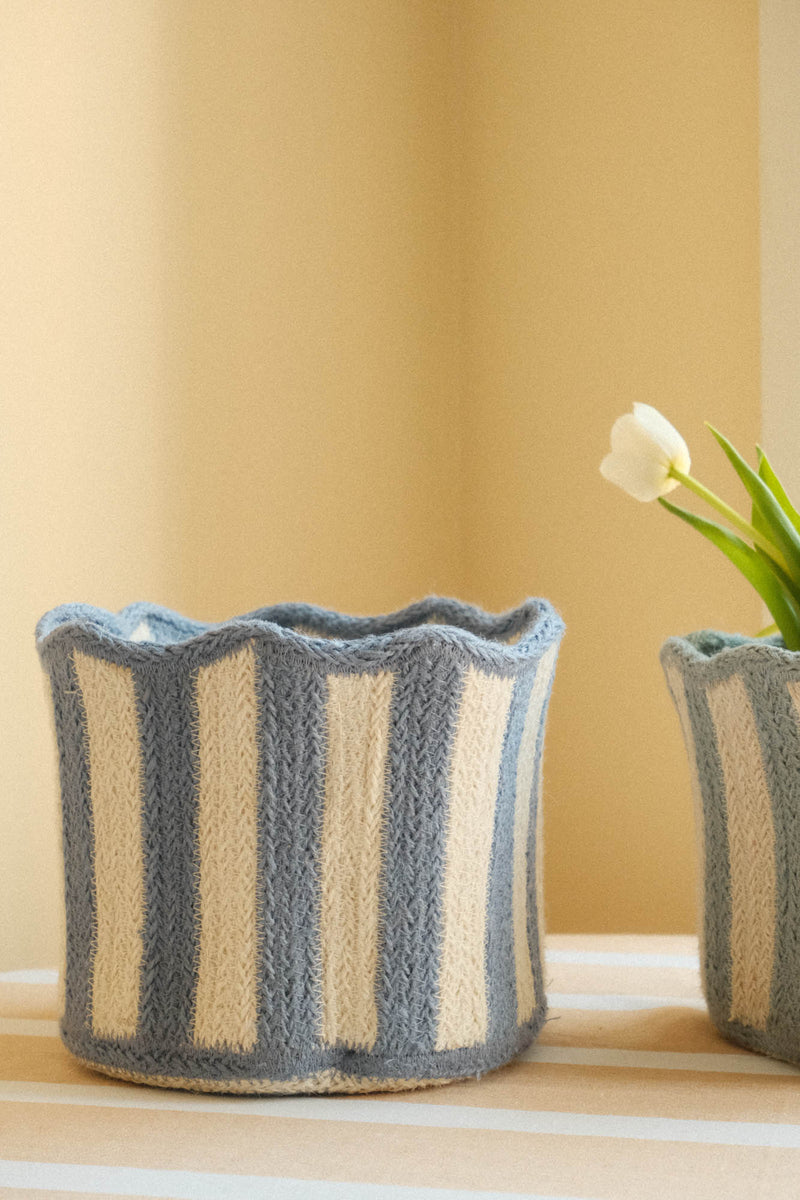 Scalloped Braided Striped Jute Basket - Four Colours Available