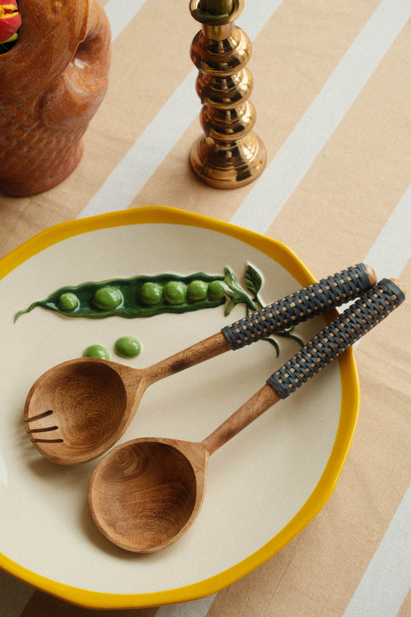 Wooden Serving Set with Blue Cane