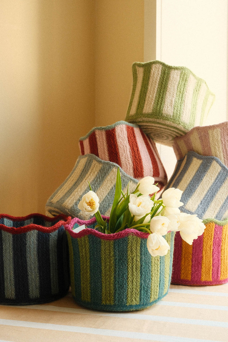 Scalloped Braided Striped Jute Basket - Olive, Green and Pink
