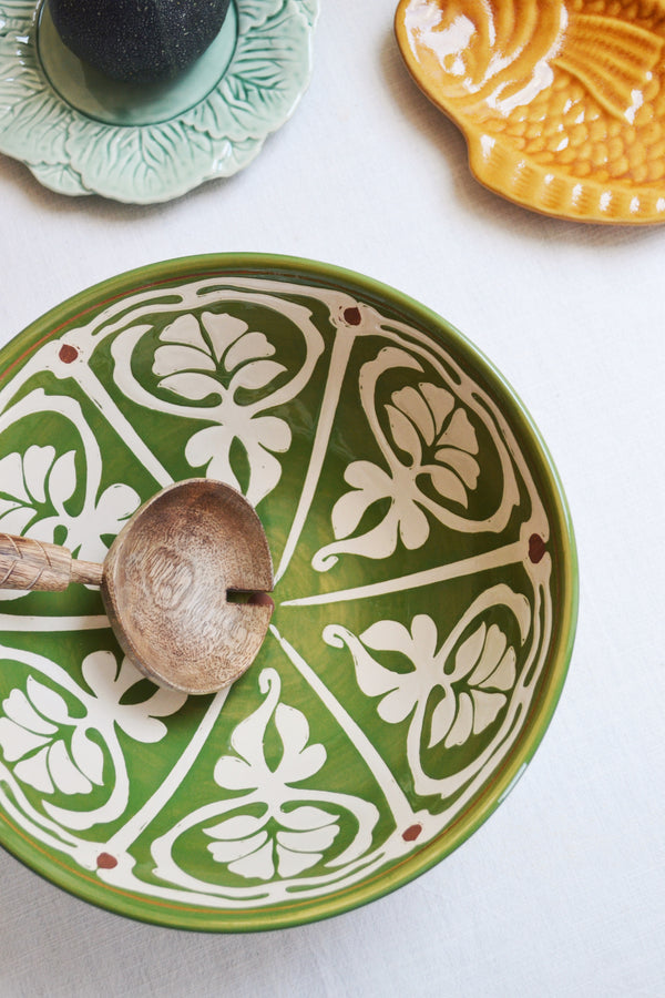 Green Stoneware Hand-painted Serving Bowl