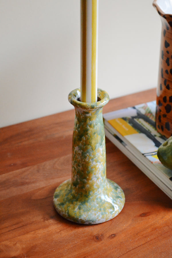 Mustard and Green Splatter Stoneware Candlestick Holder