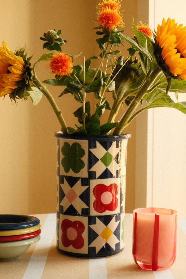Folk Quilt Patterned Stoneware Vase