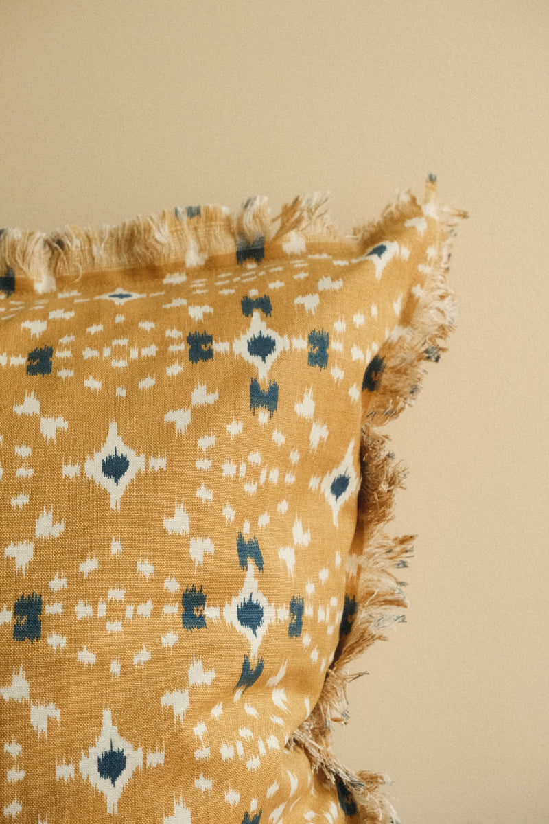 Mustard, Off White and Dark Blue Printed Cushion