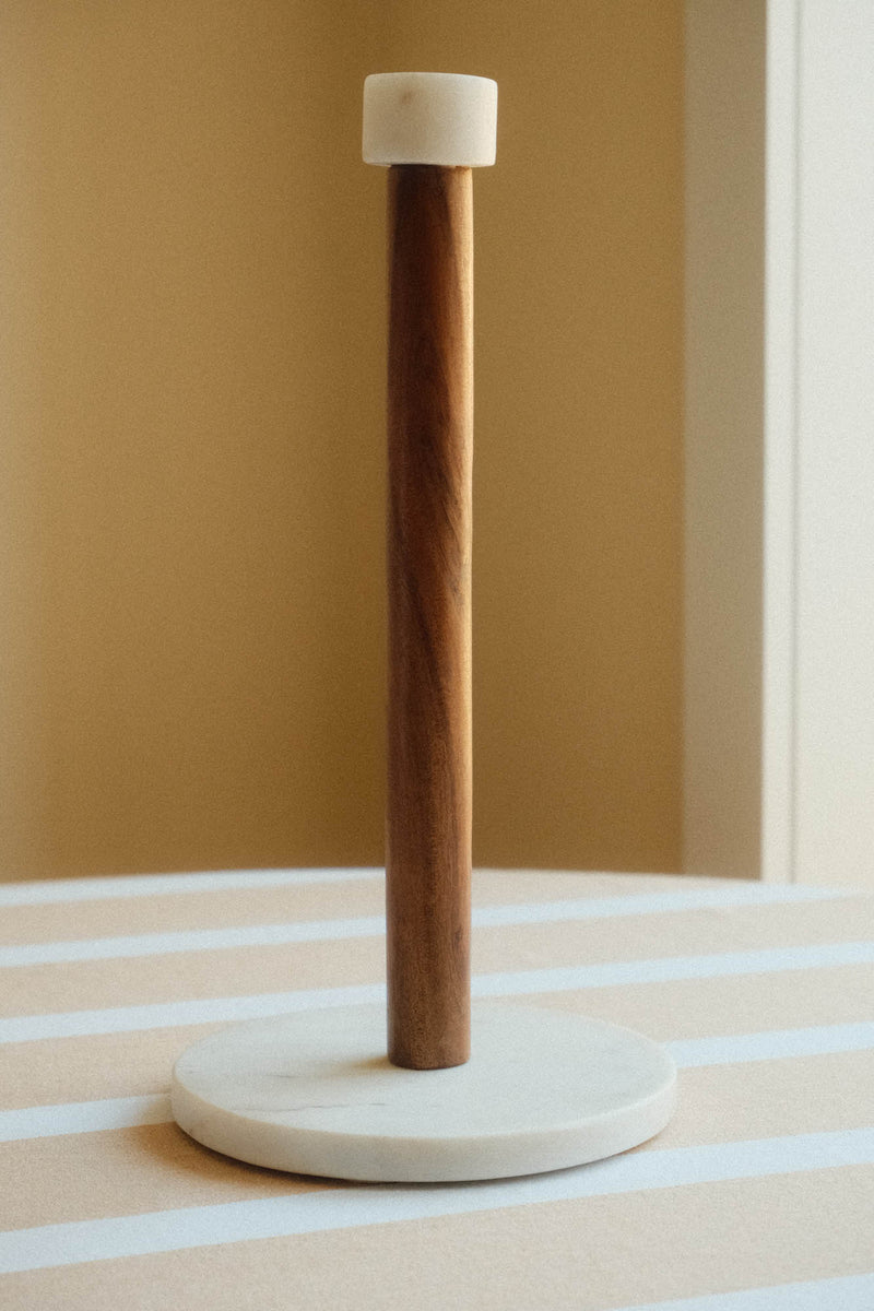 White Marble and Acacia Wood Kitchen Roll Holder