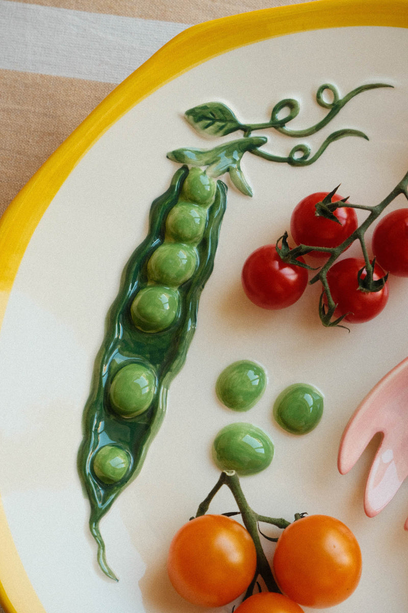 Round Stoneware Pea Pod Serving Platter Dish