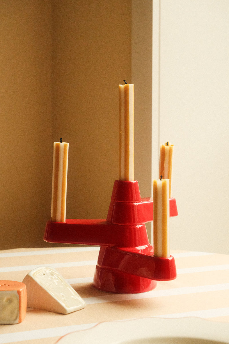 Bright Red Glazed Ceramic Candle Holder