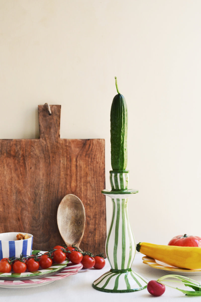 Green and White Striped Candle Holder