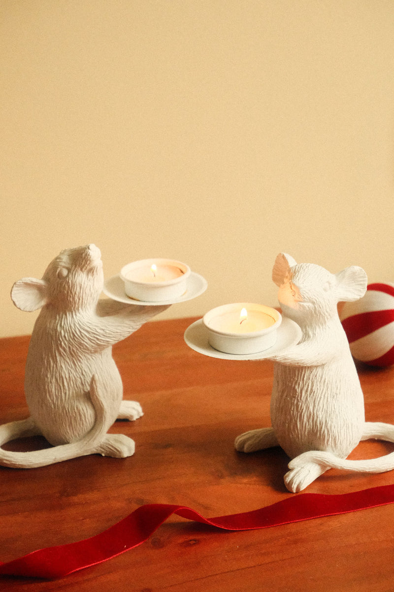 Milo And Mallow Pair of White Mouse Tea Light Holders