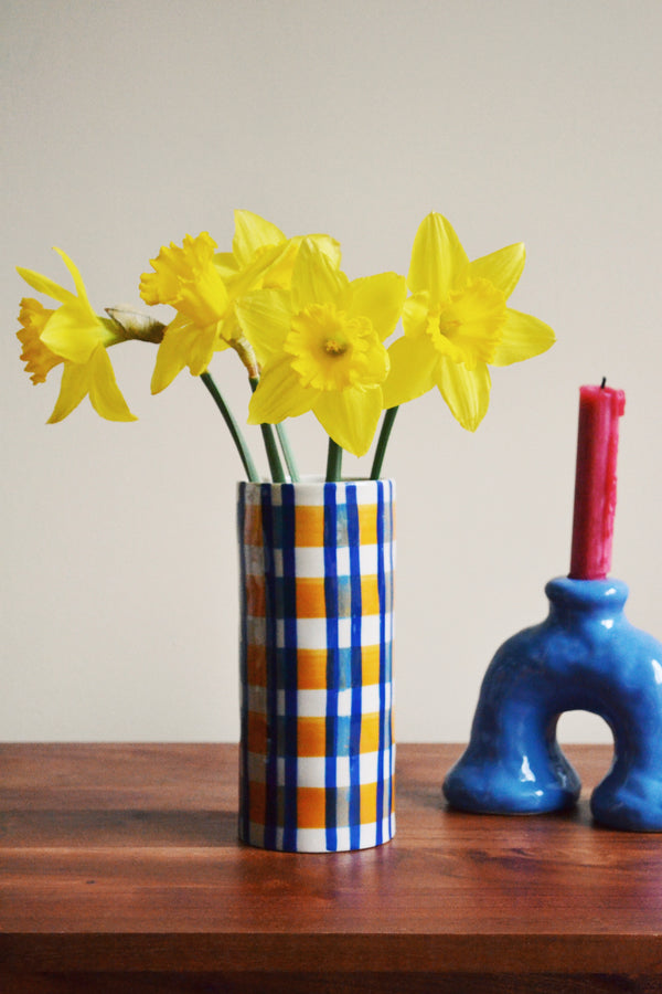 Blue and Orange Check Vase