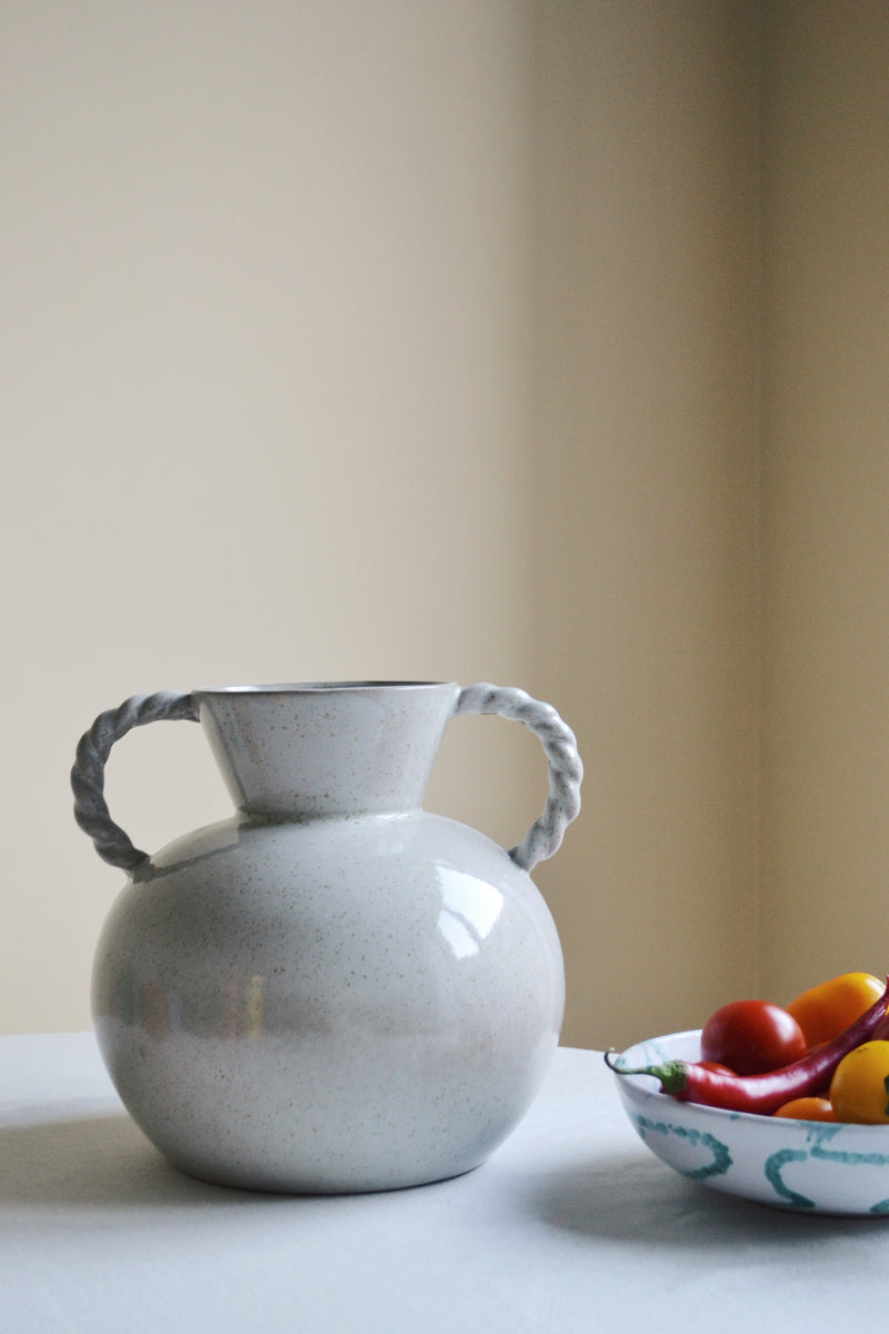 White Stoneware Vase with Braided Handles