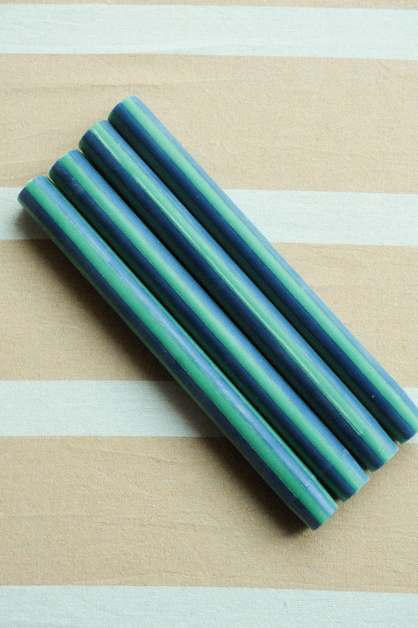 Set of Four Stripe Dinner Candles - Midnight Blue and Teal