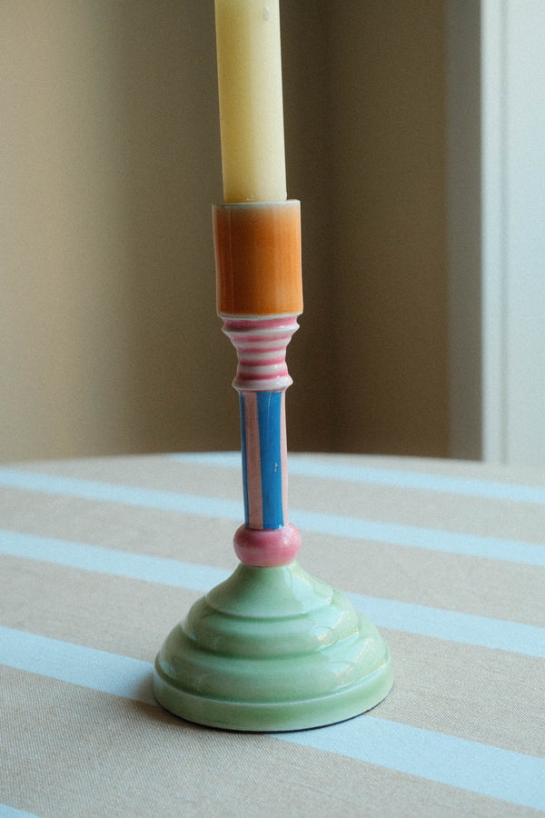Green and Orange Enamel Candlestick Holder
