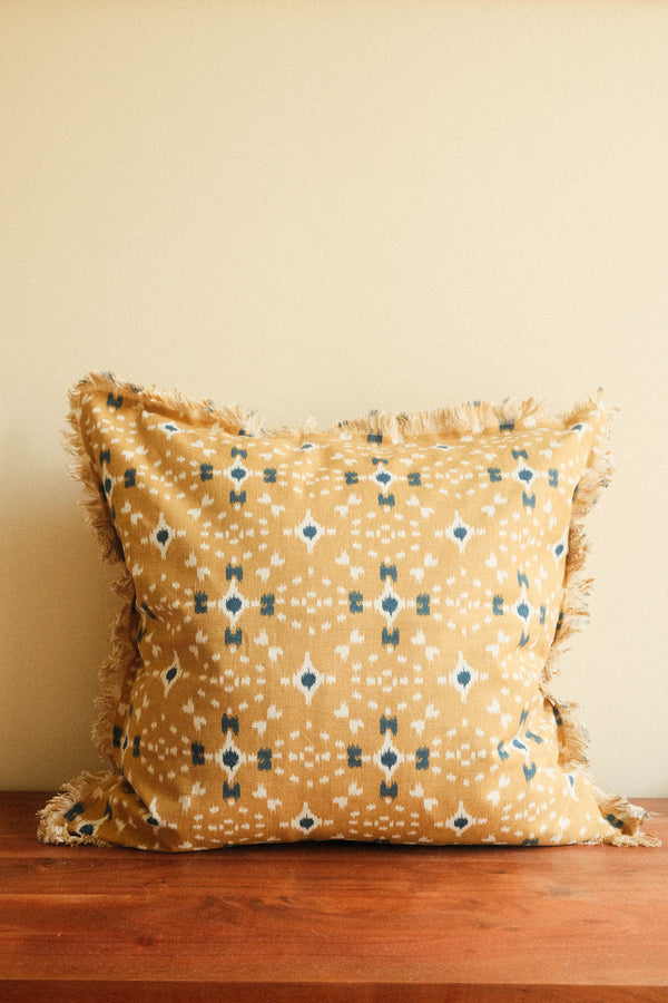 Mustard, Off White and Dark Blue Printed Cushion