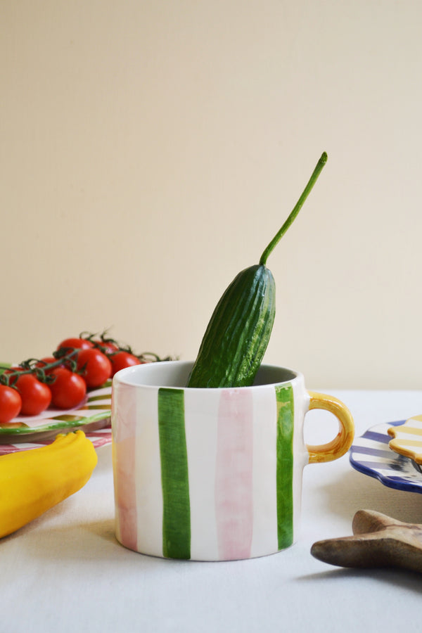 Anna and Nina Ceramic Ribbon Green Pink Striped  Big Mug 