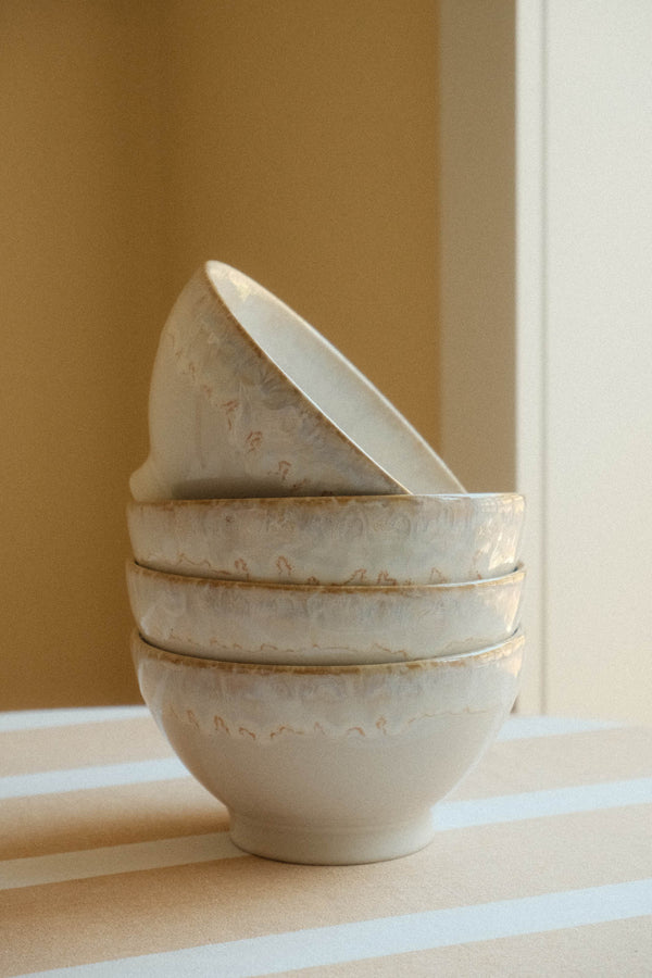 Set of Four White Drip Glaze Ceramic Cereal Bowls