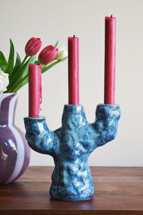 Deep Blue Three Arm Candle Holder