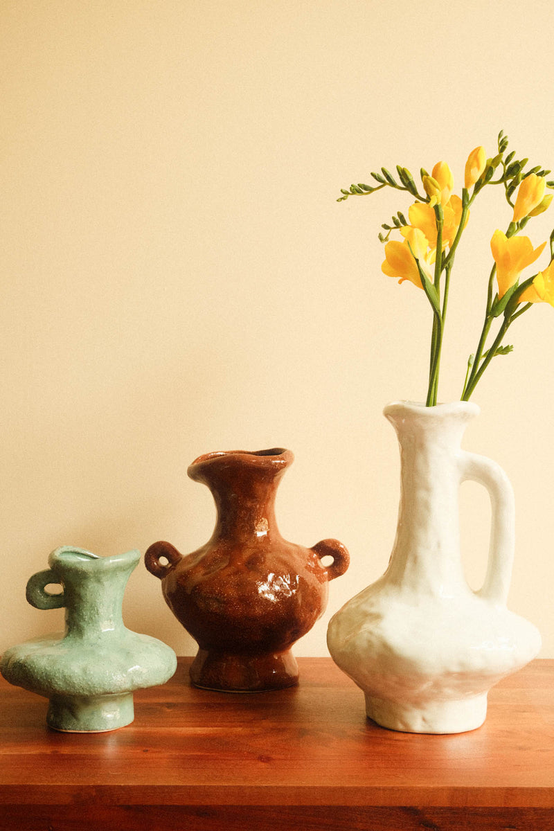 Small Green Sculptural Vase with Handles