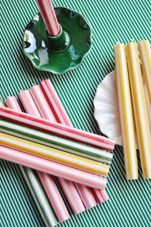 Set of Four Stripe Dinner Candles - Peachy Pink and White