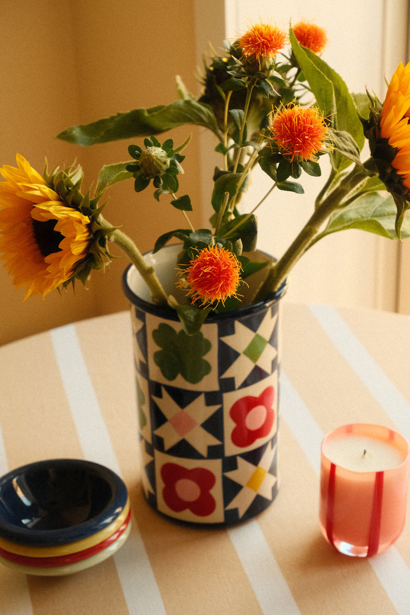 Folk Quilt Patterned Stoneware Vase