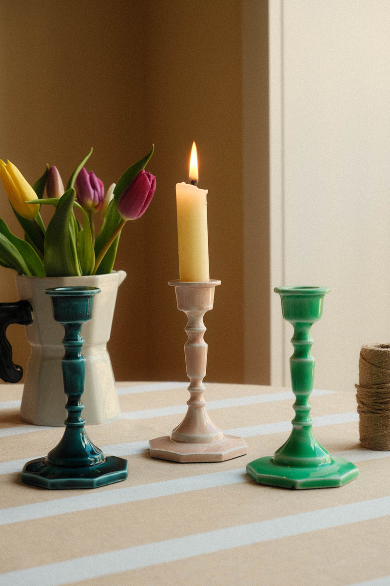 Octagonal Base Enamel Metal Candlestick Holder - Blue