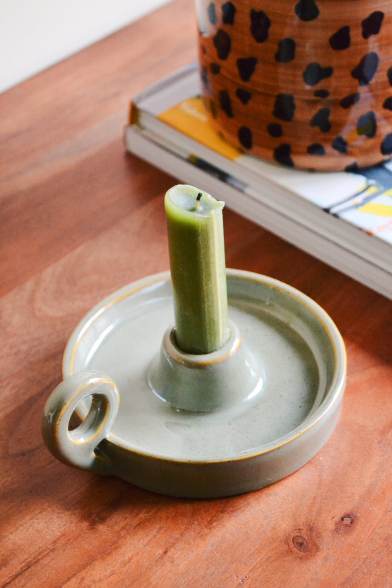 Stoneware Candle Holder with Handle - Green