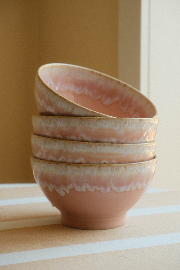Set of Four Light Pink Drip Glaze Ceramic Cereal Bowls