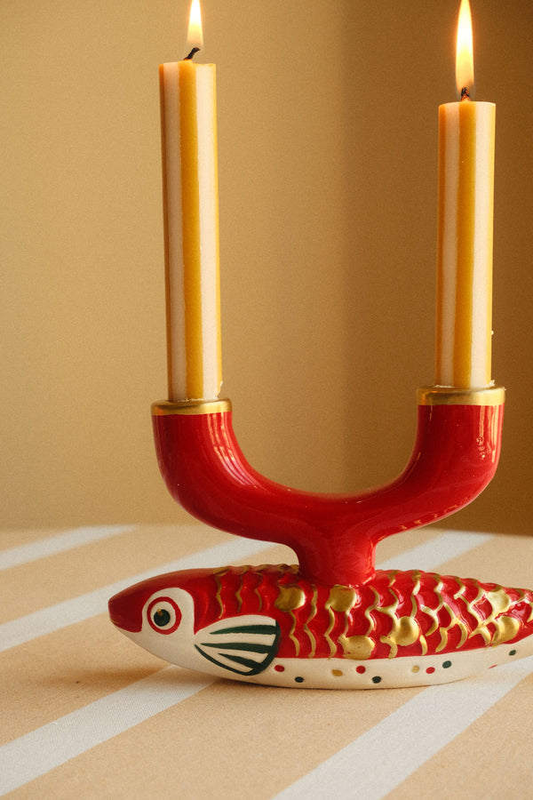 Red Ceramic Koi Fish Double Candle Holder