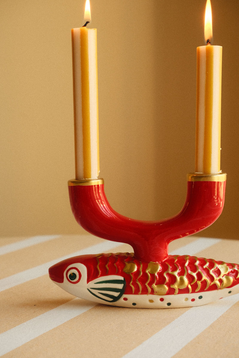 Red Ceramic Koi Fish Double Candle Holder