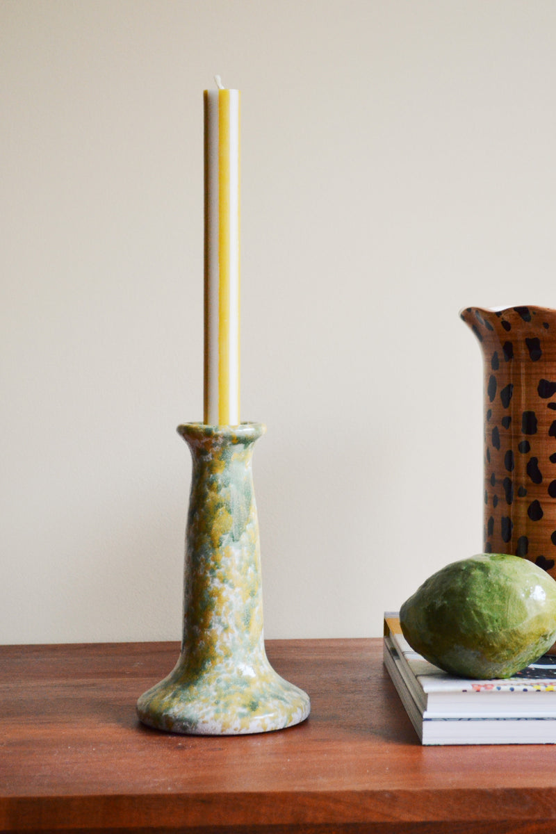 Mustard and Green Splatter Stoneware Candlestick Holder