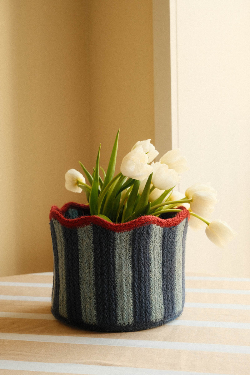 Scalloped Braided Striped Jute Basket - Navy, Blue and Red