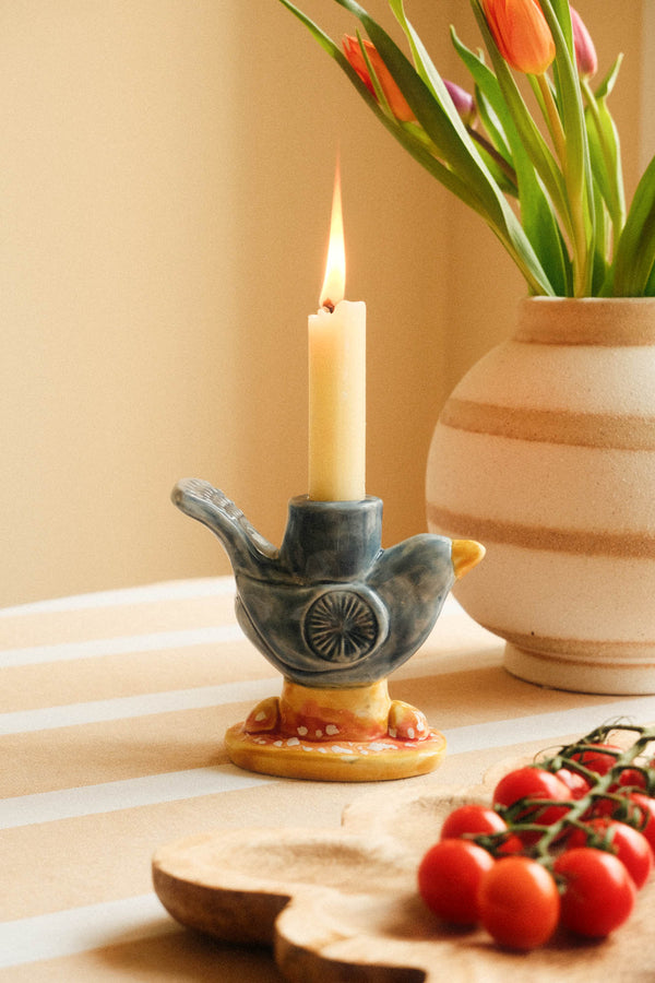 Stoneware Hand Painted Blue Bird Candle Holder