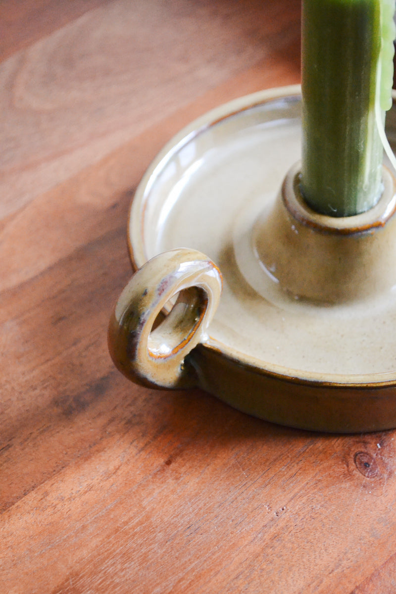 Stoneware Candle Holder with Handle - Beige