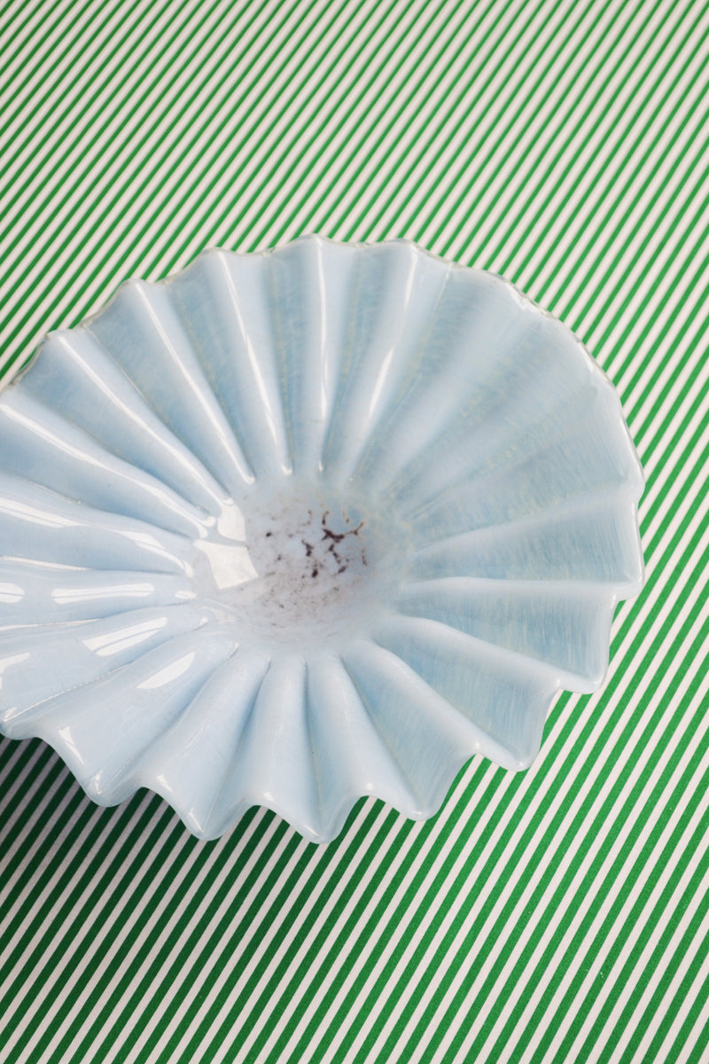 Sky Blue and Bordeaux Pleated Mouth Blown Glass Bowl
