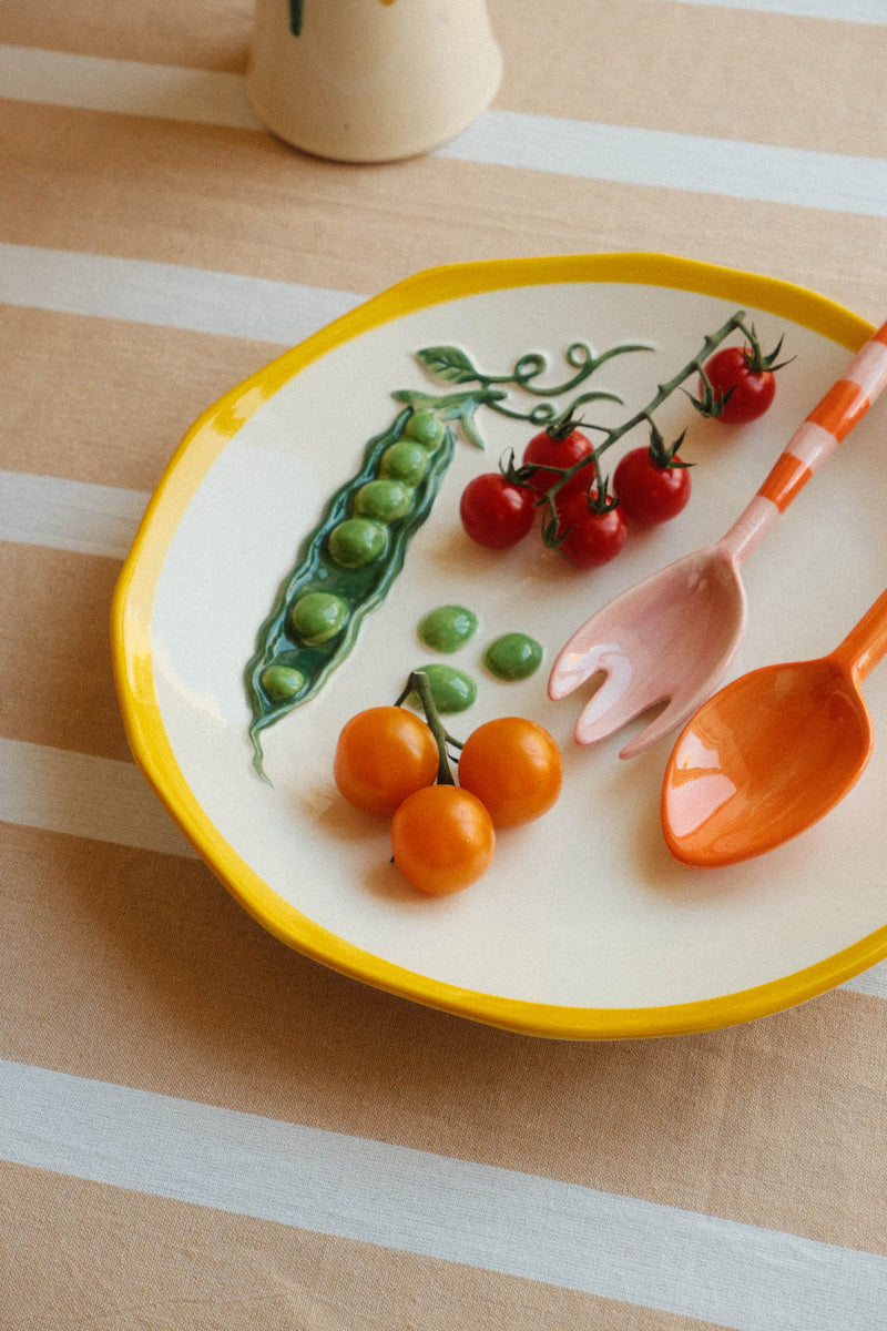 Round Stoneware Pea Pod Serving Platter Dish