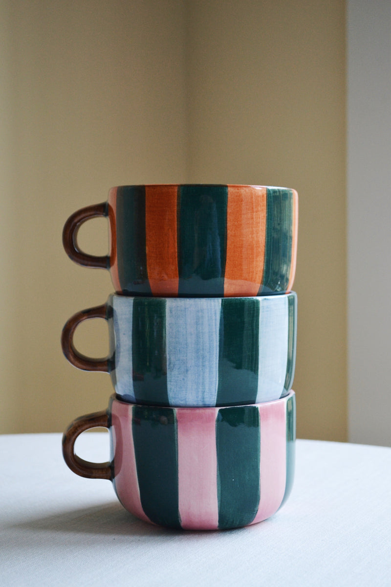 Striped Cappuccino Mug with Leopard Handle - Three Colours Available