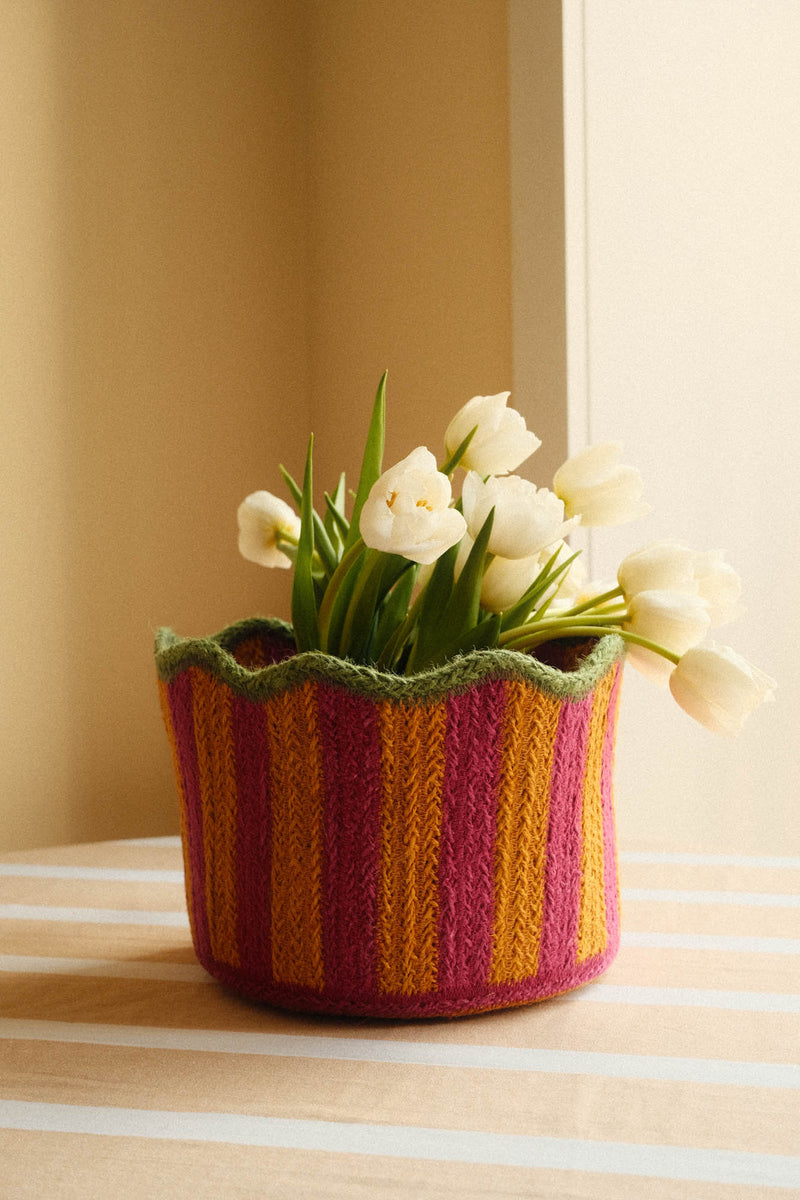 Scalloped Braided Striped Jute Basket - Pink, Orange and Green