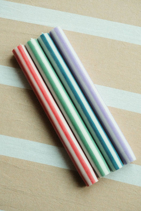 Set of Four Stripe Dinner Candles - Mixed White Set