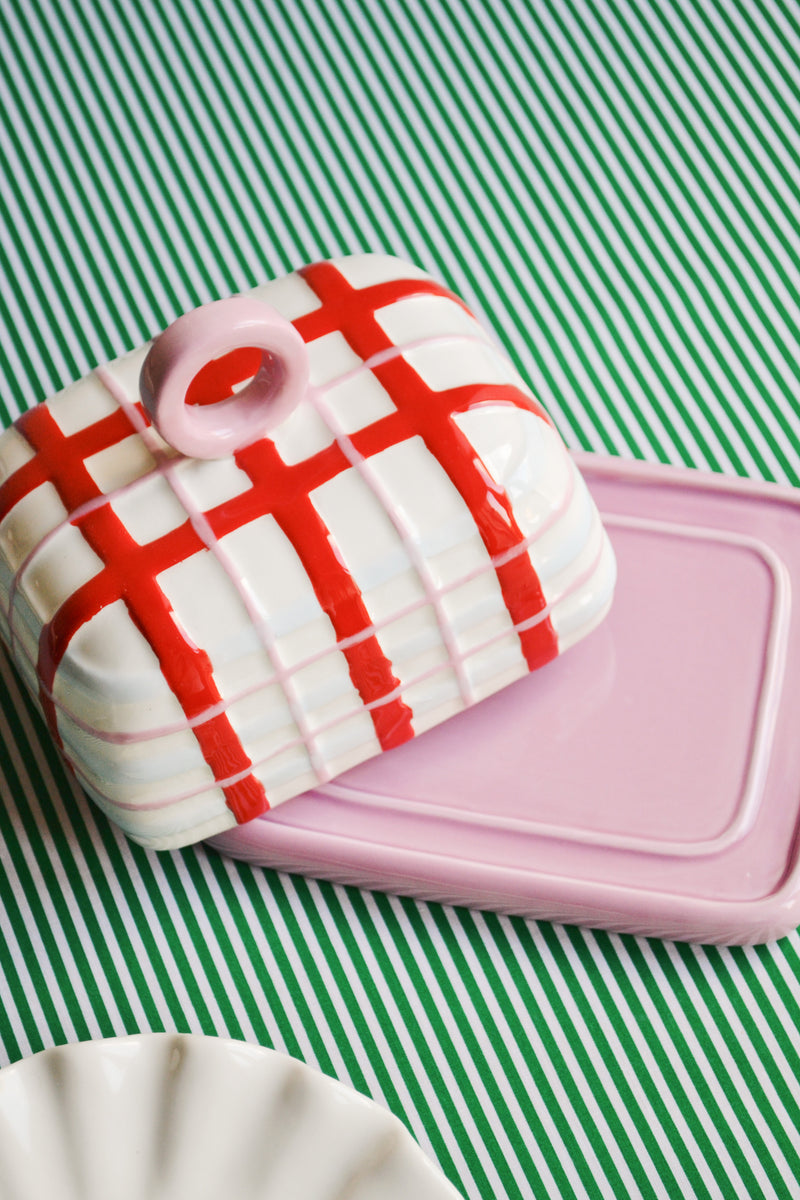 Red and Pink Plaid Butter Dish