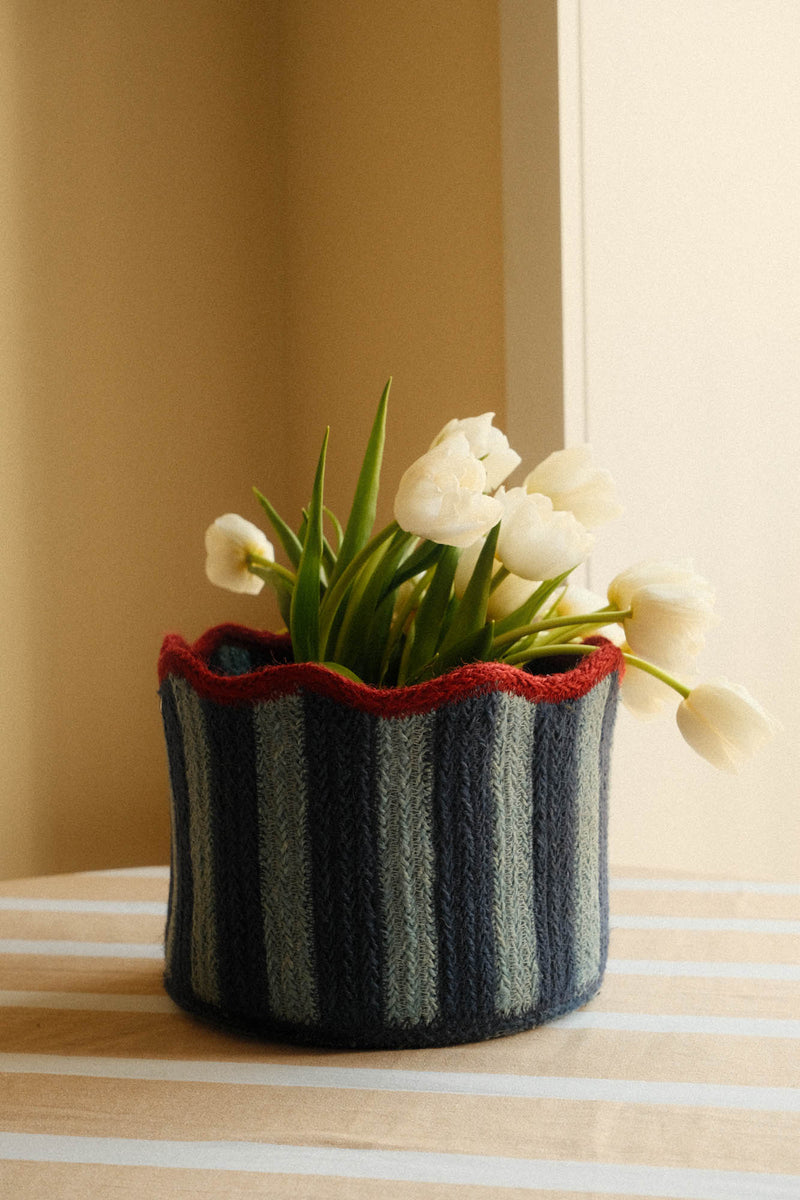 Scalloped Braided Striped Jute Basket - Navy, Blue and Red