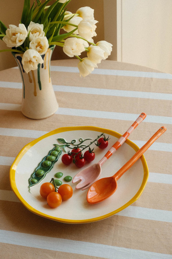 Round Stoneware Pea Pod Serving Platter Dish
