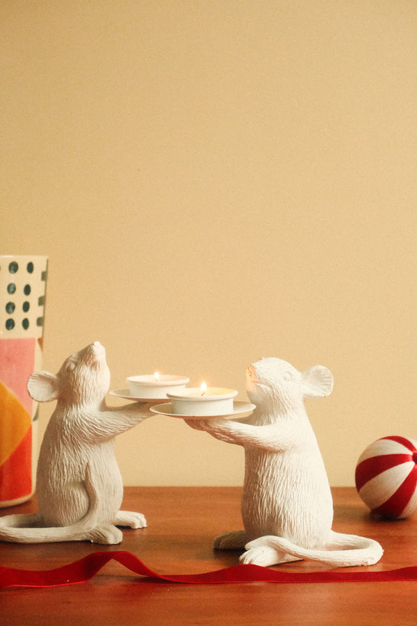 Milo And Mallow Pair of White Mouse Tea Light Holders