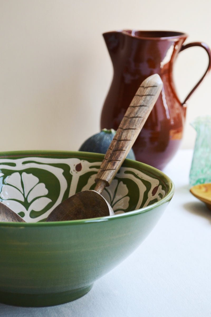 Green Stoneware Hand-painted Serving Bowl