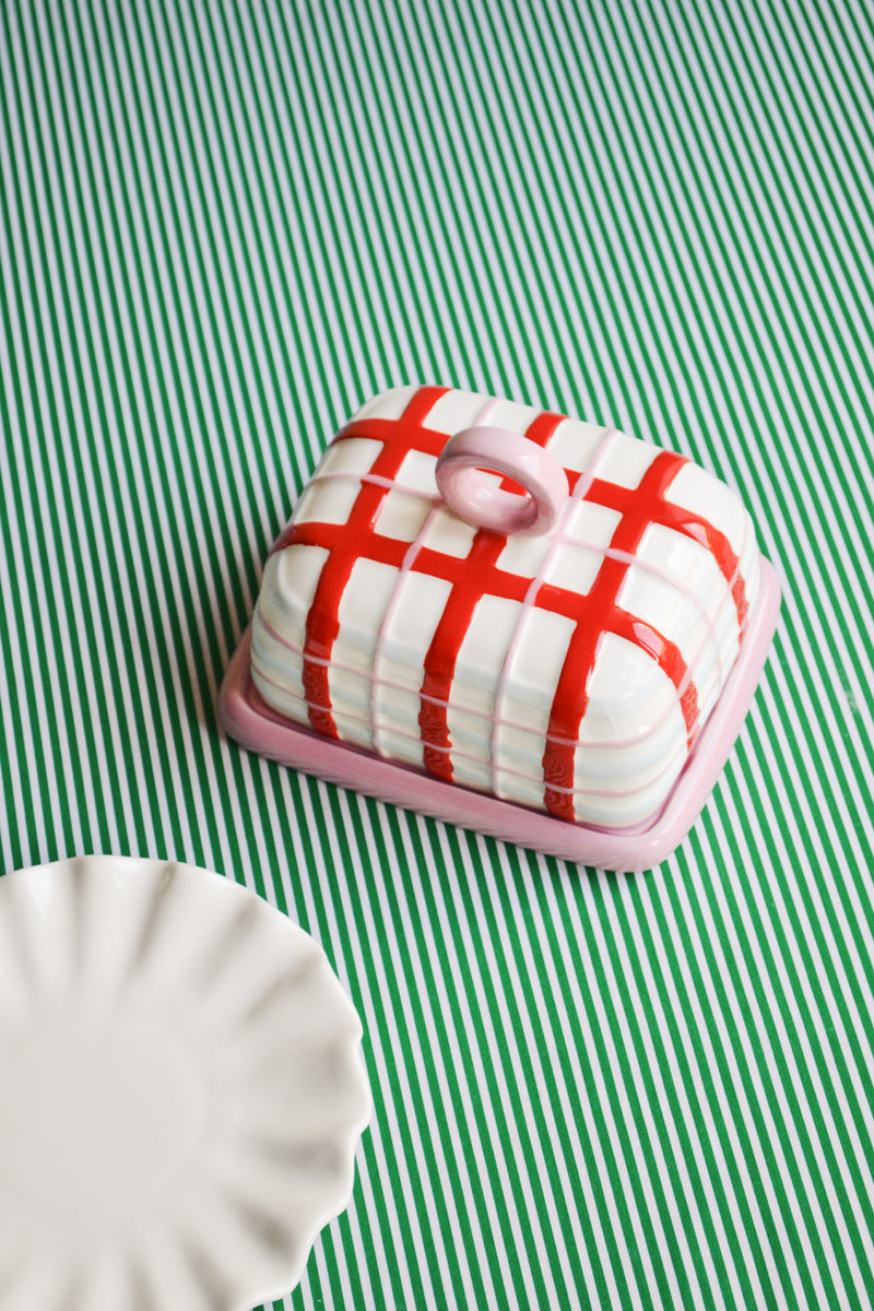 Red and Pink Plaid Butter Dish